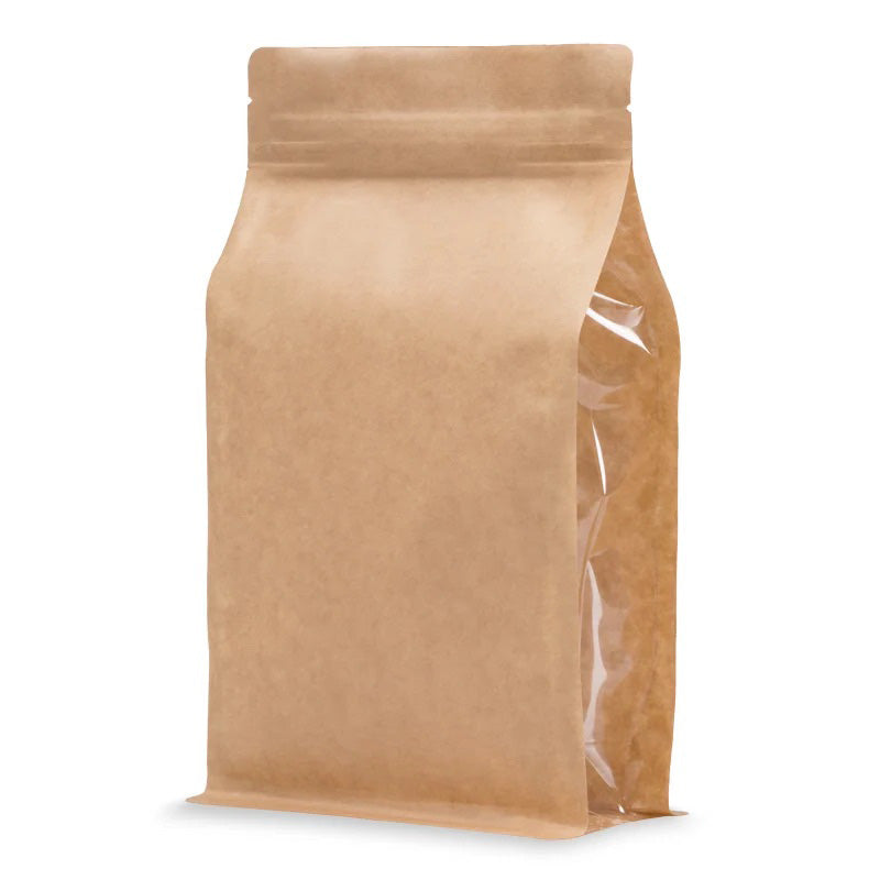 Кафяв крафт плик с плоско дъно, цип и странични прозорци