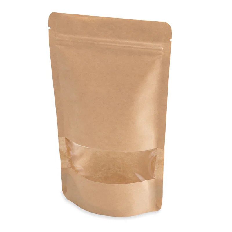 Кафяв крафт дойпак плик с прозорец и цип