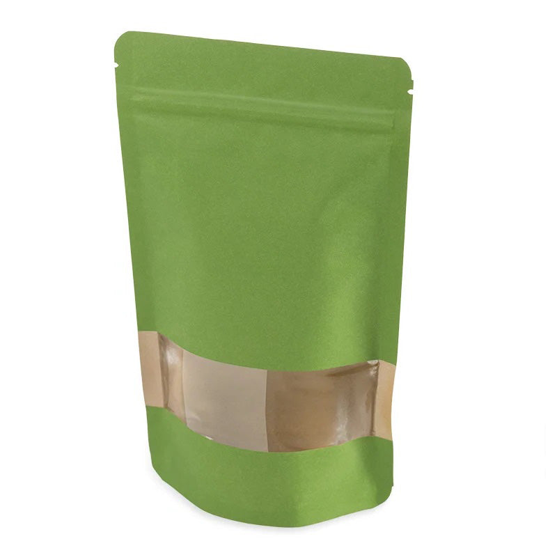 Зелен крафт дойпак плик с прозорец и цип